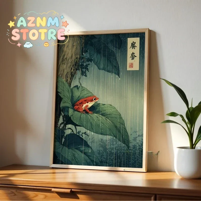 1pc Japanese Frog Canvas Wall Art, Unframed Vintage Rainforest Wall Art Print, Red Frog on Leaf Poster For Living room Decort