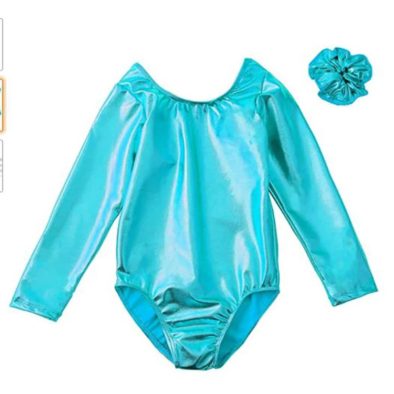 Speerise Kids Girls Long Sleeve Shiny Metallic Spandex Gymnastics Dance Leotard Glod Scoop Neck Bodysuit