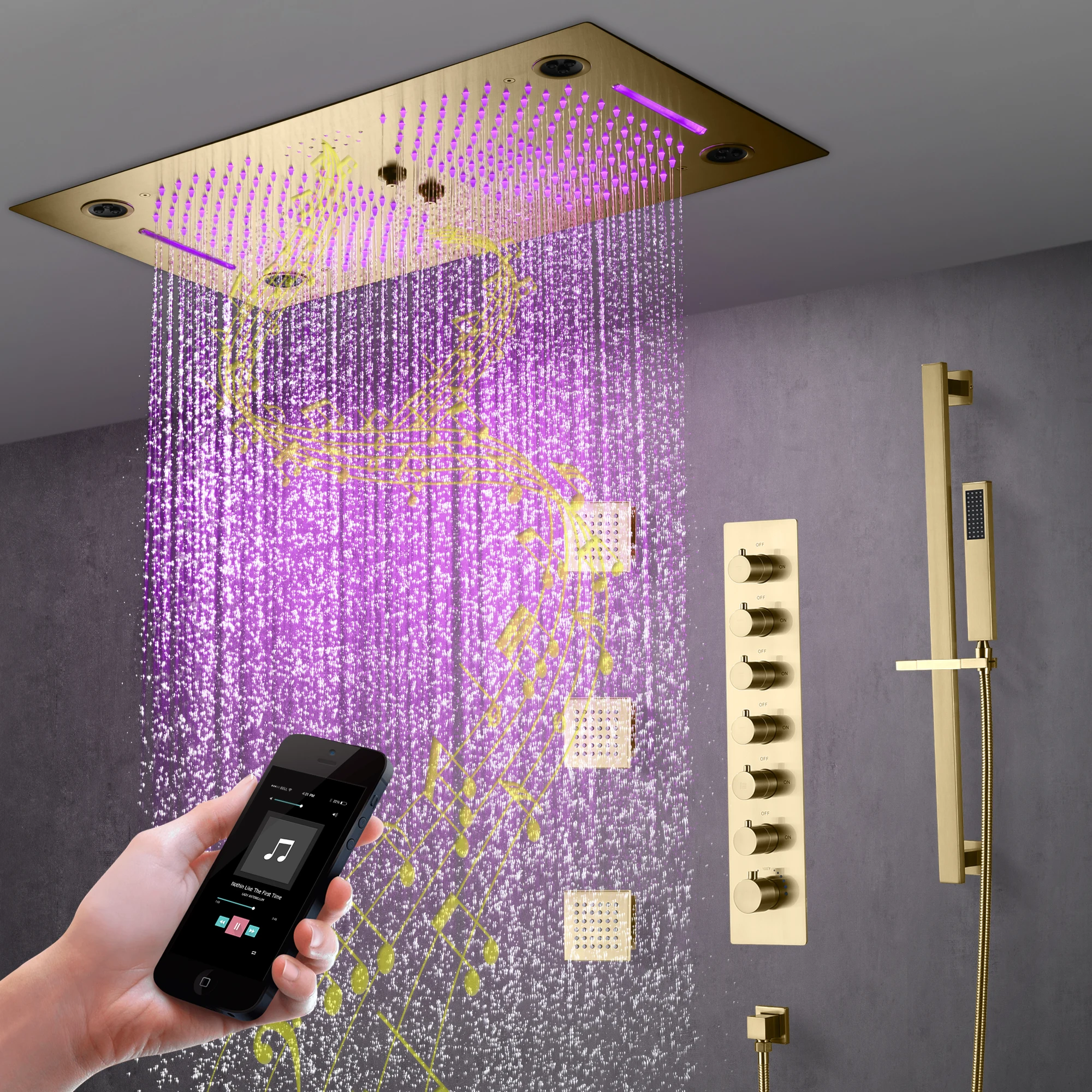 

NEW 6 Functions Luxury Bathroom Shower Faucet Brush gold 64 color Wall Mounted Thermostatic Shower Set with Music