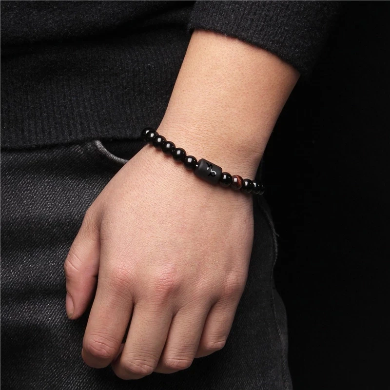 Pulsera de cuentas de 12 signos del zodiaco de constelación para parejas, pulsera elástica de piedra de ónix negro Natural para mujeres y hombres, regalo de cumpleaños