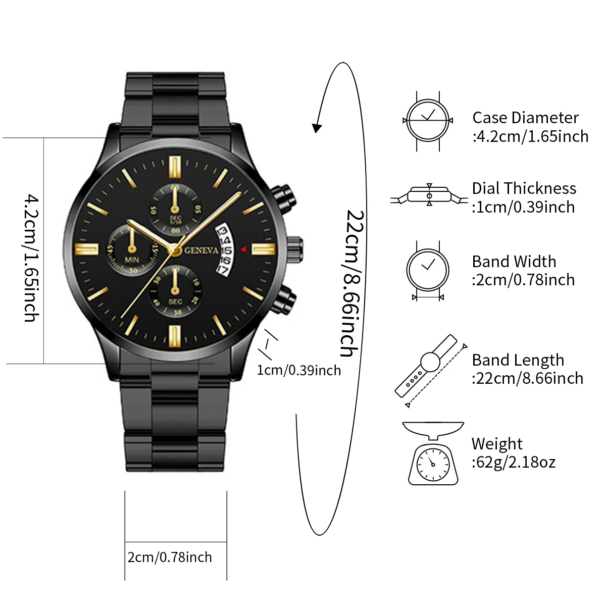 4pcs/set Men Business Watches Fashion Black Steel Band Male\'s Date Calendar Quartz Watch Jewelry Set（Without Box）