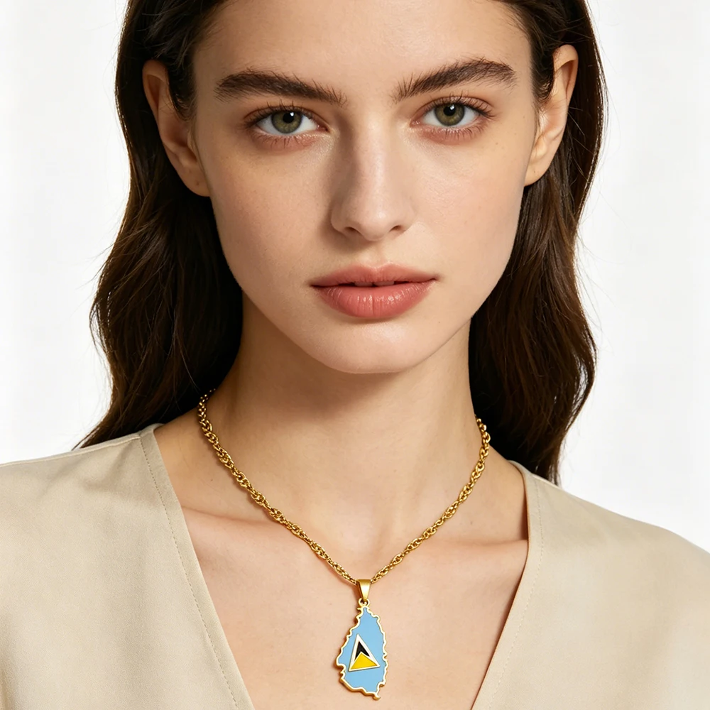 Mode Saint Lucia Insel Karte Flagge Anhänger Halskette Edelstahl für Männer Frauen st. Lucia Schmuck Geschenk – Detail 9