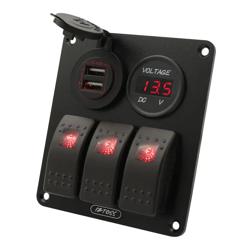 3 Gang Switch Panel for 12V-24V Voltmeter USB Charger for Truck Marine