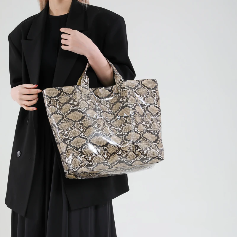 Women PU Handbag Fashion Handheld Bag Large Capacity Top Handle Bag Snake Pattern Commuting Bag Waterproof Outdoor Travel Bag
