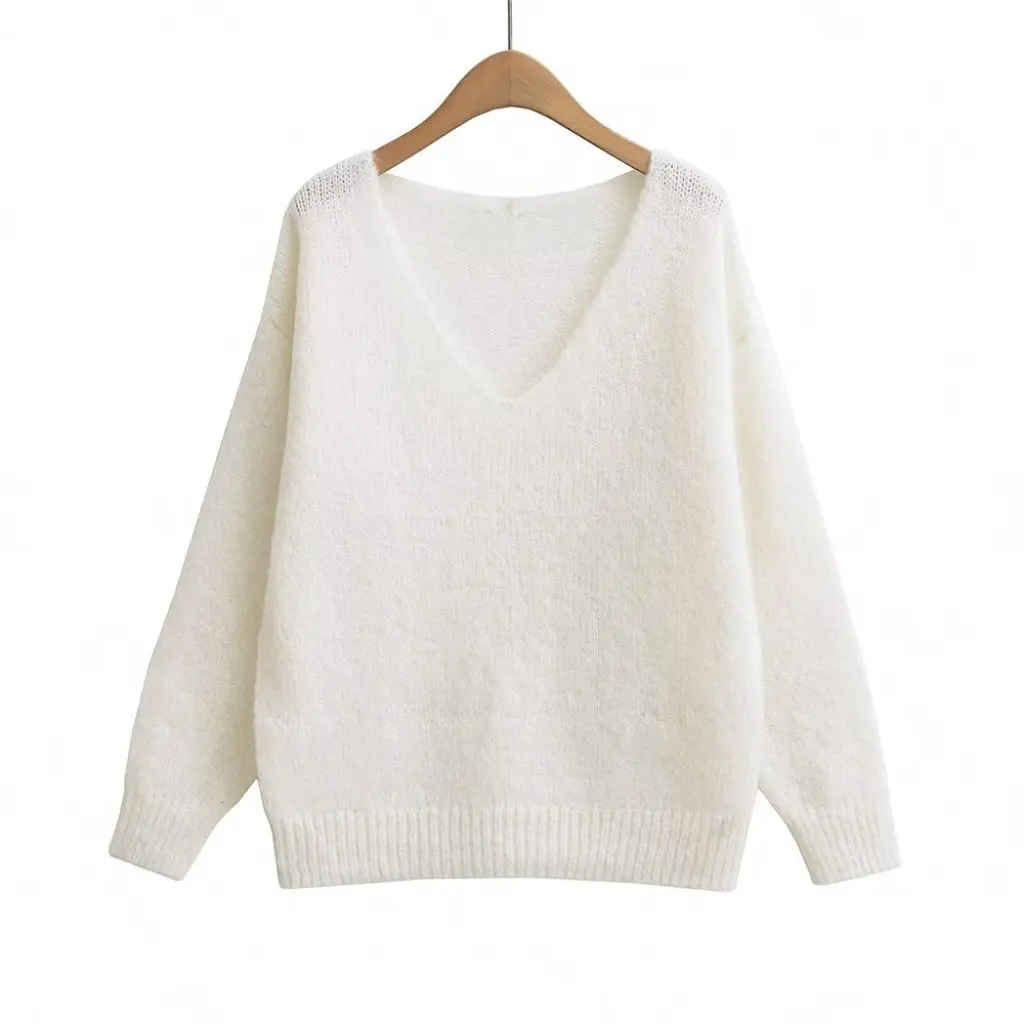 

YPFF Women's V-neck Sweater Winter Fashion Furry Solid Color Loose Long-Sleeved Pullover Casual Style