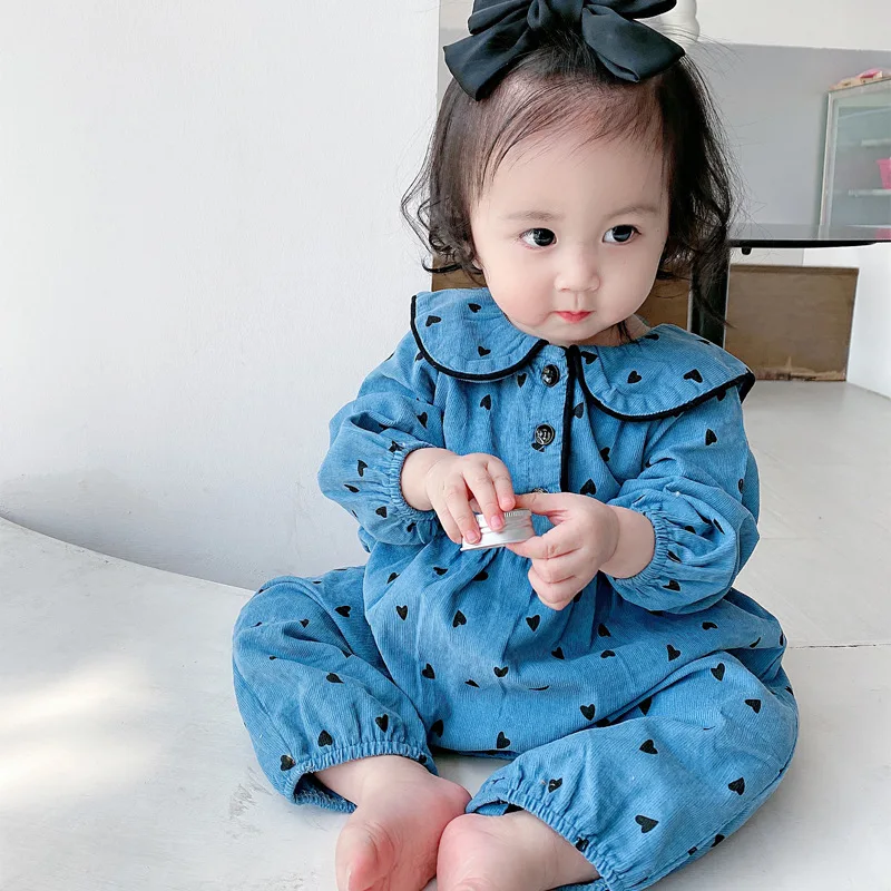 

INS Autumn Newborn Baby Corduory Romper 0-3Years Kids Boy Girl Long Sleeve Turn Down Collar Heart Print Jumpsuit Outwear Clothes