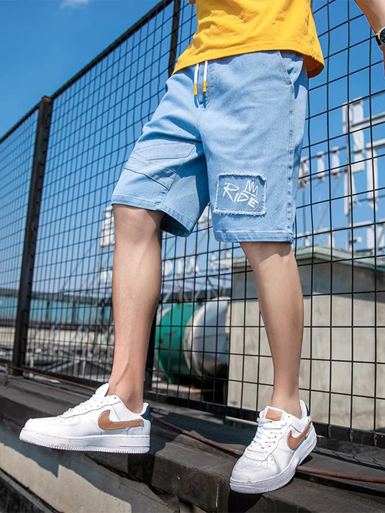 

Summer 2023 Men's Casual Faionable Five-Point Denim orts Straight Leg Mid-Waist Elastic Cotton Blend Comfortable Fit