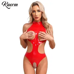 Womens Erotic Jumpsuit Sexy Cutout Bodysuit Halter Chest Hollow Out Open Crotch Back Zipper Bodycon Tempting Lingerie Nightwear