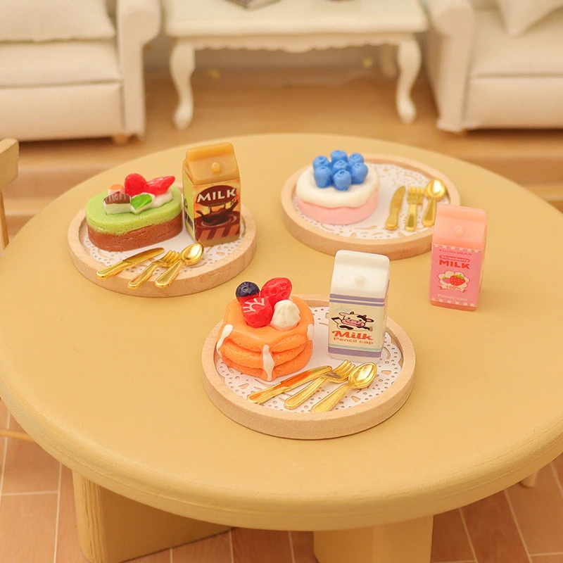 1 セット 1:12 ドールハウスミニチュアケーキミルクフォークトレイ食品モデルキッチン装飾おもちゃドールハウスアクセサリー子供のギフト