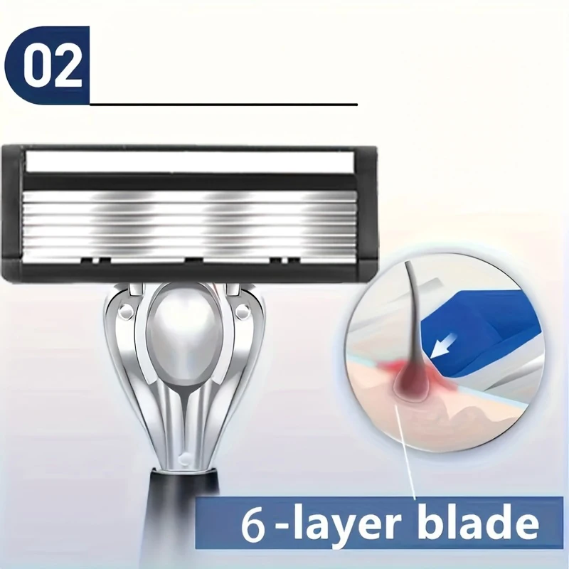 ماكينة حلاقة يدوية للرجال بمقبض شفرة ماكينة حلاقة للرجال 6 طبقات شفرات لإزالة شعر الوجه واللحية متوافقة مع عام #3