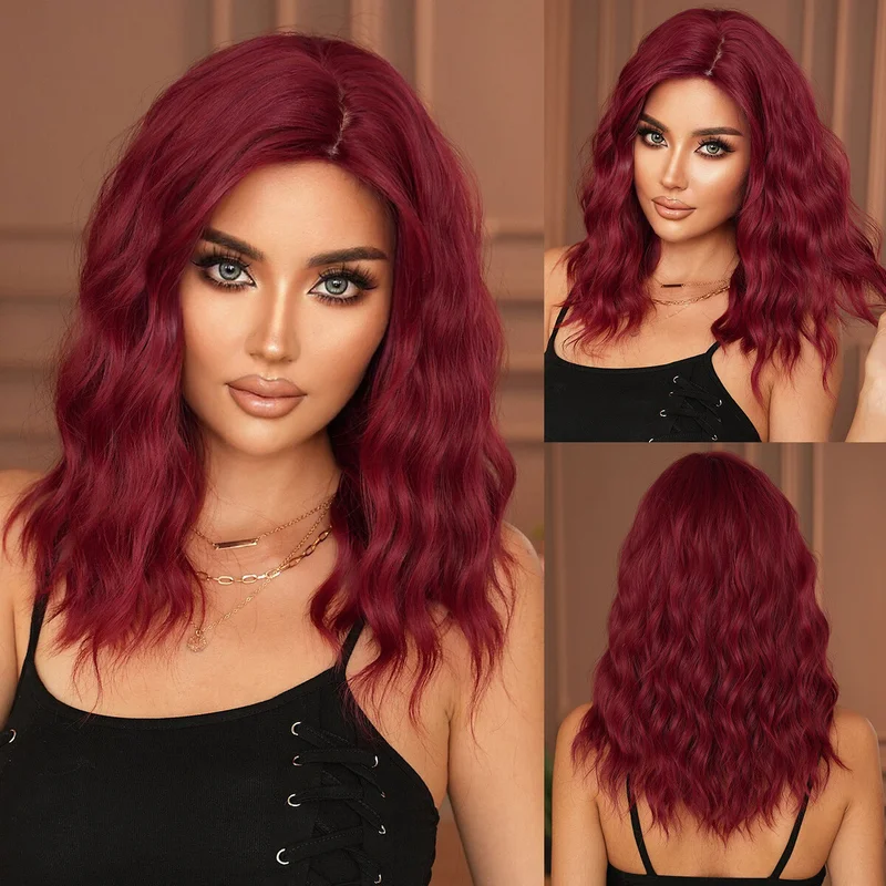 Burgundy Purple Red Short Curly Wig Water Wave Bob Synthetic Wig Heat Resistant