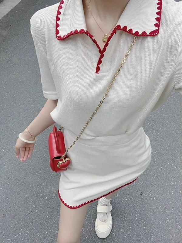 Korean Style Texture  Neck Short Sleeve Knitwear Women's Summer Fashion High Waist Slim A-Line  Skirt Two-Piece Set