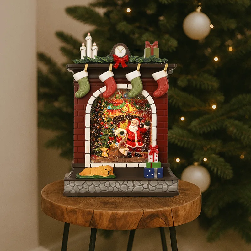 Christmas Automatic Snow Drifting Ambient Light Music Box Decorative Ornaments Kids Girlfriend Gifts Christmas Fireplace Glow