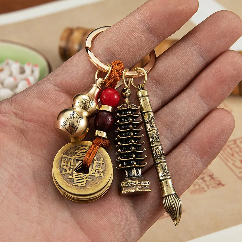 Pure Copper Wenchang Tower Gold List Nomination Pen Keychain Pendant Twelve Zodiac Cinnabar Gourd Qing Dynasty Five Emperors' Co