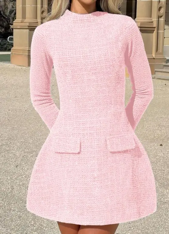 

Autumn Temperament Elegant Socialite Style Solid Color Round Neck Long Sleeved Knitted Dress Slim Fit Fake Pocket Backless Dress