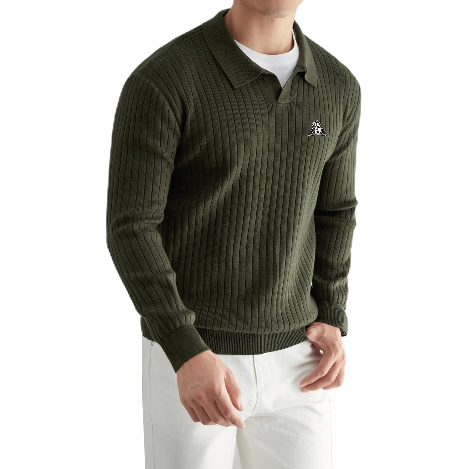 Men Old Money Style Retro Knit Polo Shirt Lapel Striped Solid Color Plus Size Light Luxury Long Sleeve Spring Autumn Tops