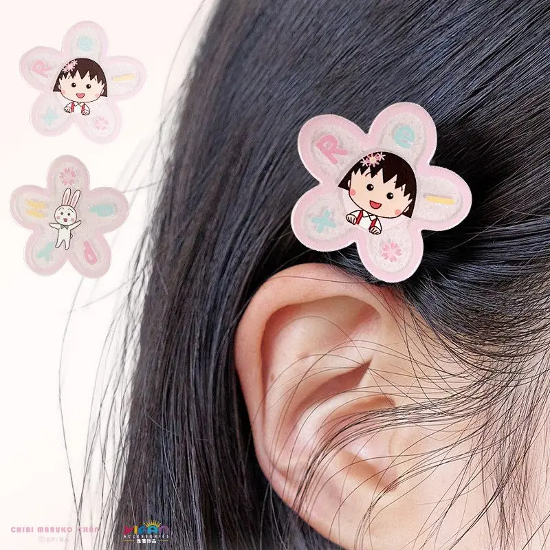 2Pcs Cartoon Cherry Blossom Chibi Maruko-Chan Acrylic 5*5Cm Side Bangs Hair Clip Headwear Hair Accessories Friend's Holiday Gif