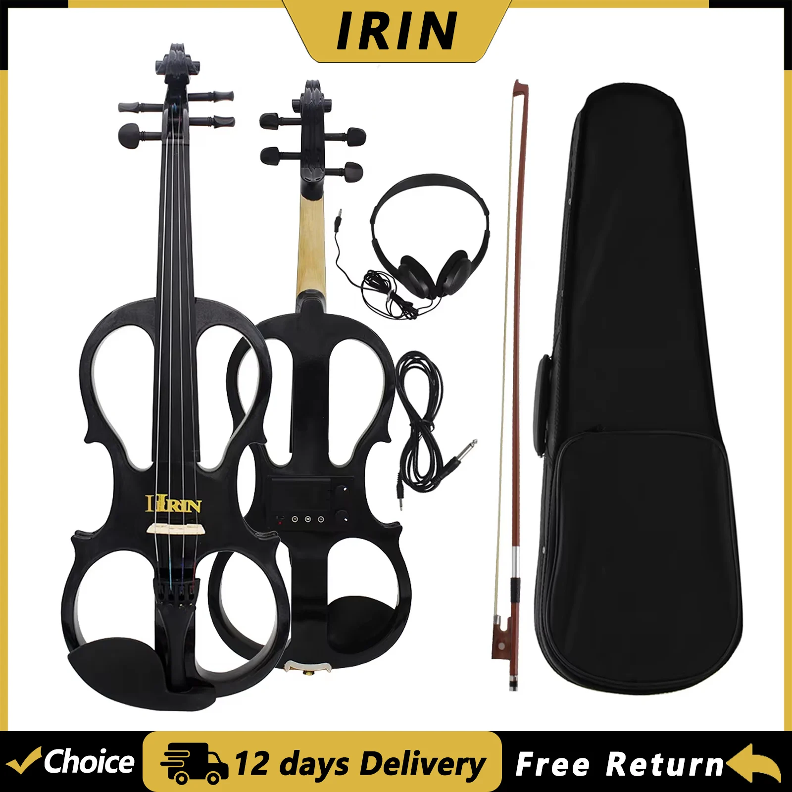 IRIN Silent Elektrische Violine 4/4 Ahorn-Korpus Saiteninstrument mit Bogen, Koffer, Kopfhörer, Kabel, Violin-Teile & Zubehör