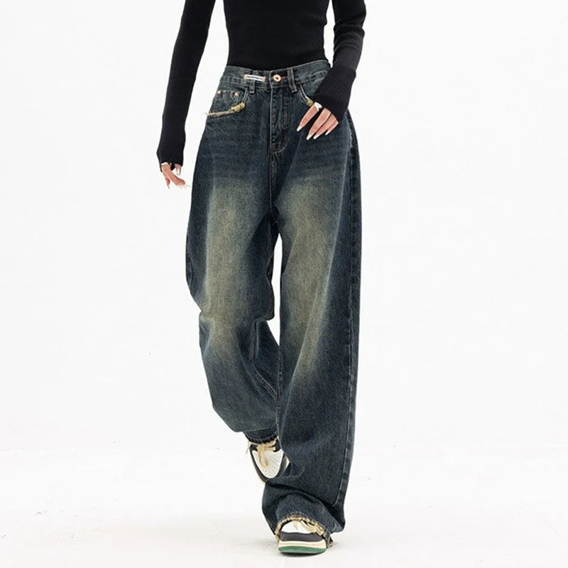 

Women Vintage Wide Leg Jeans Casual Korean Baggy Pant Autumn High Waist Loose Pockets Designed Streetwear Straight Blue Trousers