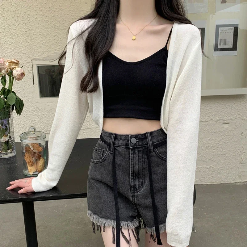 

Summer Sunscreen Cardigan For Women Thin Knitted Knitwears Perspective Long Sleeve Tops Casual Black White Khaki Blue Short Coat