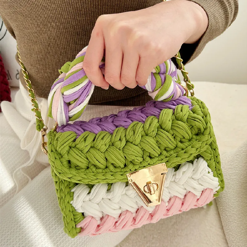 New Handmade Woven Women's Crossbody Bags Thread Hook Knitted Shoulder Bag Colorful Strip Chains Bags for Women Small Purses