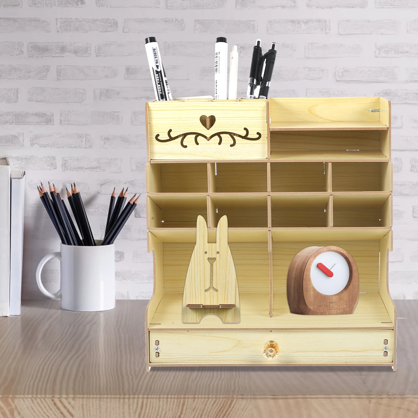 

Wooden Desk Multi functional Pen Holder Large Capacity Stationery Storage Box Office Multifunctional Pen Holder Box Study