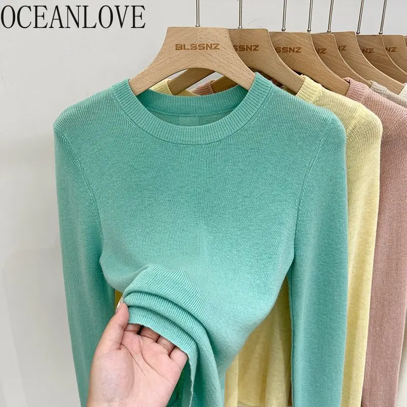 OCEANLOVE Candy Color Thin Woman Sweaters Solid O Neck Korean Fashion Pullovers Basics Spring Autumn Sweet Pull Femme