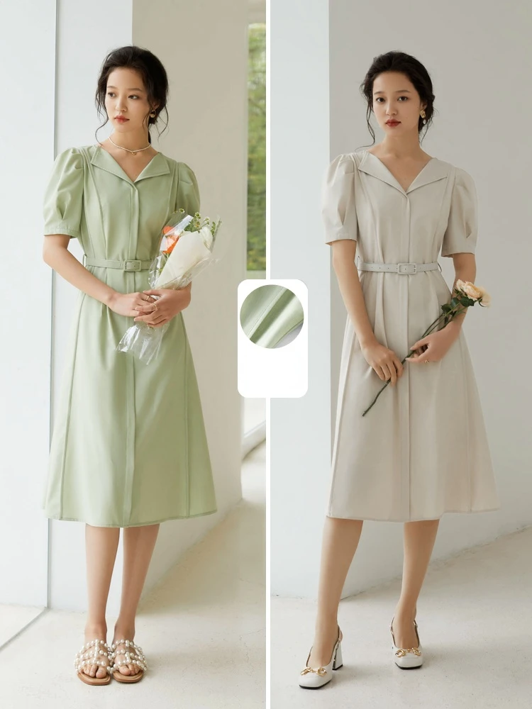 FSLE Office Ladies French Light Green High Waist Dress Women Summer 2021 New Puff Sleeve Short Sleeve Slim A-line Skirt