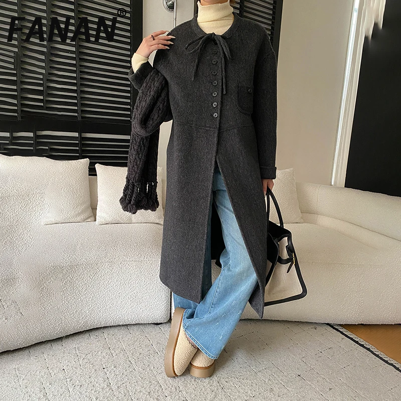 FANAN 100% Woolen Coats For Women Knitted Scarf Design Drawstring Round Neck Single Breasted Long Outwear 2025 Winter New