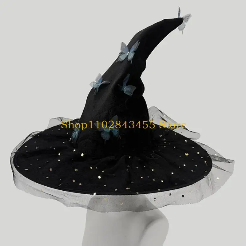 49MC Curved Horn Witch Hat With Detachable Butterfly Ornament Halloween Cosplay Headwear In 3 Elegant Colors