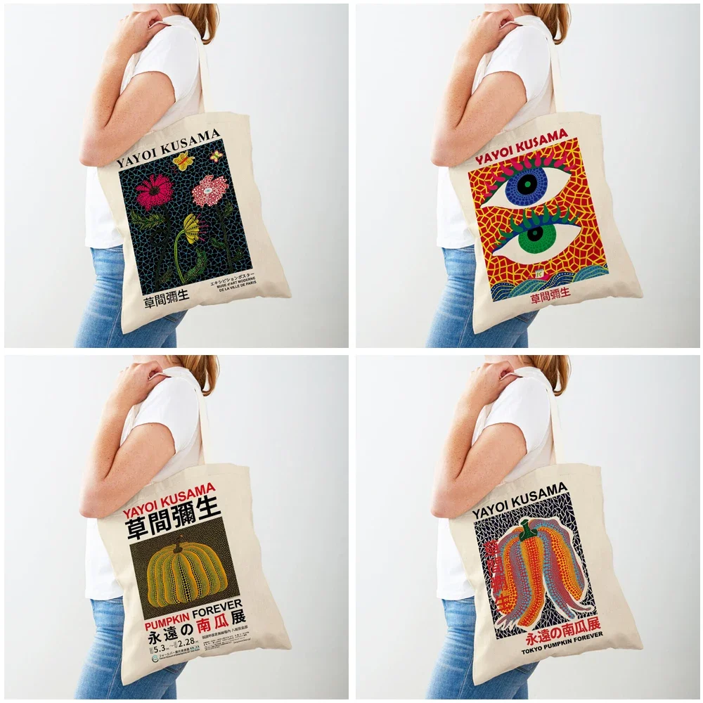 Yayoi Kusama Art Shopping Bags for Women Both Sided Japanese Abstract Casual Shopper Bag Lady Canvas Tote Travel Handbags