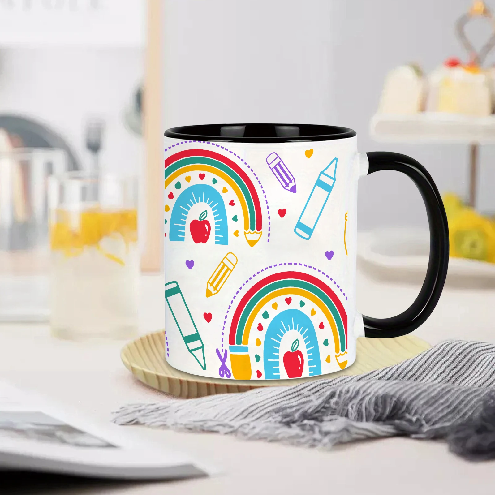 11oz Back to School Style Ceramic Coffee Tea Drink Mugs with Handle 3D Print Rainbow & Pencil Outdoor Holiday Travel Mugs Gift