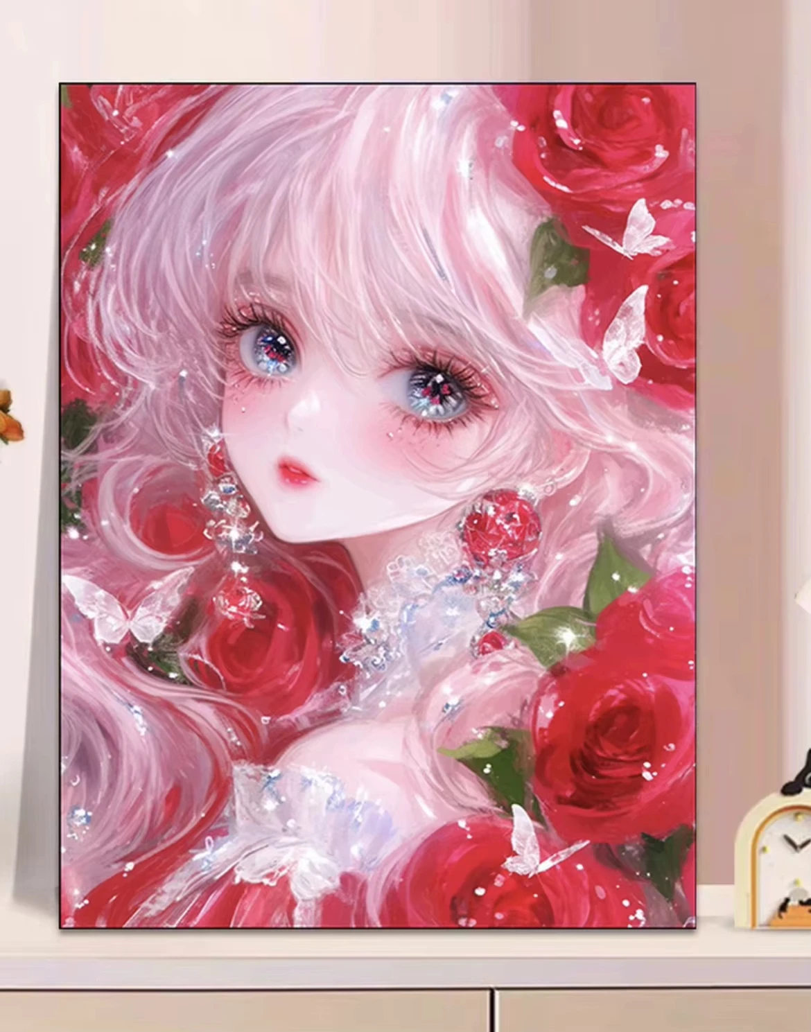 DIY Rosa Haar Anime Mädchen Diamantmalerei Rote Rose Glitzer Handgemachte Kunst Heimdekoration 5D DIY Kunst Neuheiten
