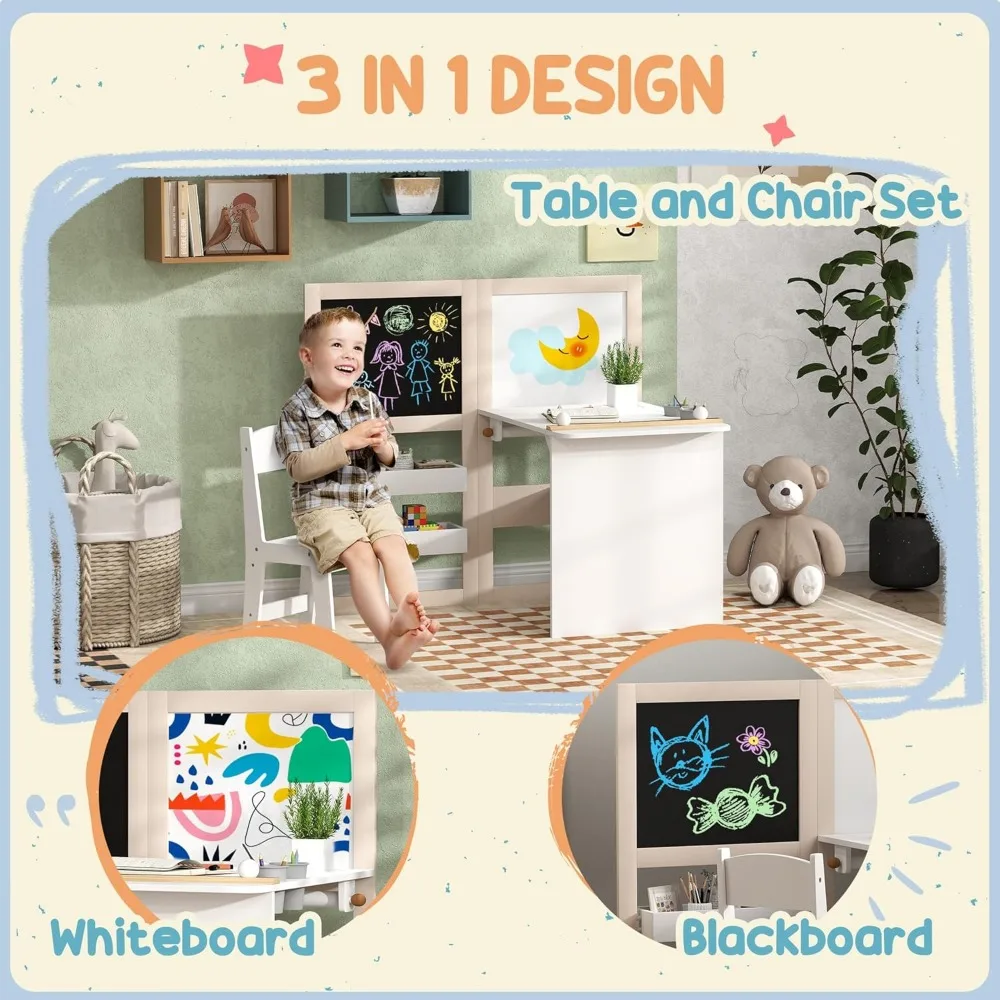 Qaba Kids Art Table and Chair Set with Storage, Foldable Blackboard, Whiteboard, and Roll Paper Holder