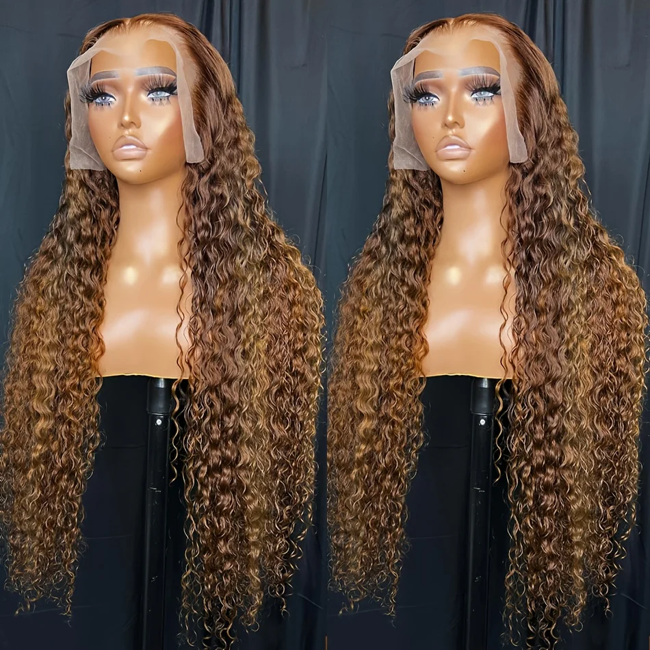 Human Hair 200 Density Deep Wave Highlight 4/27 Lace Front Wigs - 13X4 HD Transparent Ombre Lace Frontal Wigs - Pre Plucked Wet And Wavy Deep Wave
