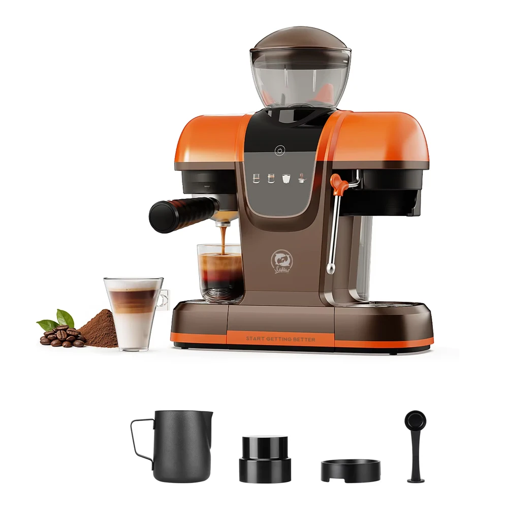 i Cafilas Semi-Automatic Espresso Machine with Grinder & Steam Wand,Orange | 20-Bar,11 grind settings,Compact For home＆office