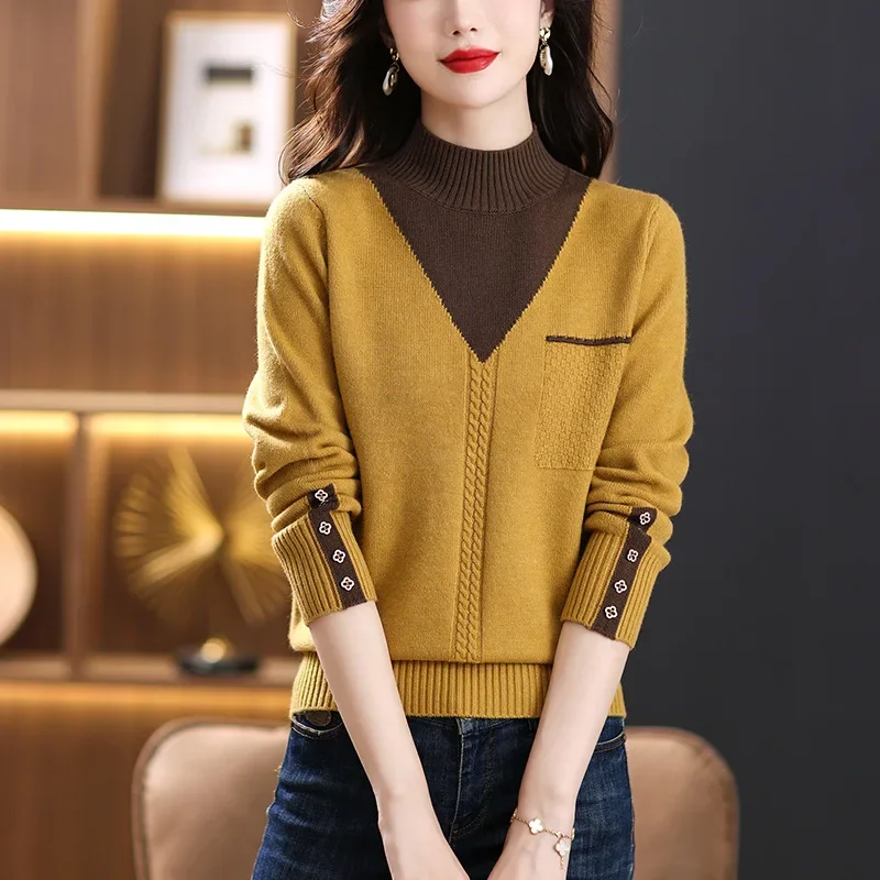 Women Vintage Splicing Panelled Sweaters Autumn Winter Streetwear Fashion Mock Neck Long Sleeve Casual Slim Knitted Pullovers