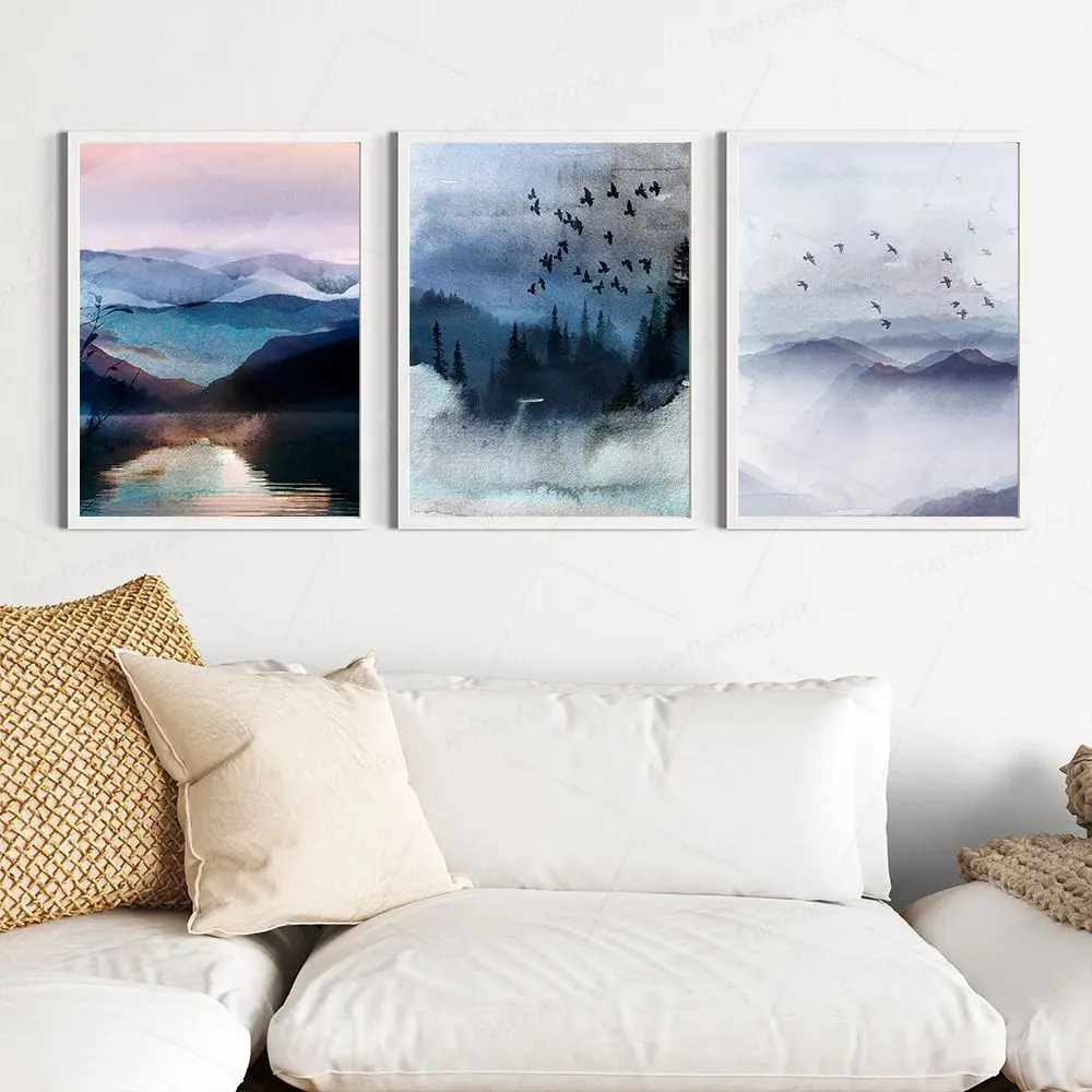 Landscape Wall Art Watercolour Poster Blue Mountain Lake Bird Nature Print Canvas Painting Picture Modern Living Room Home Decor