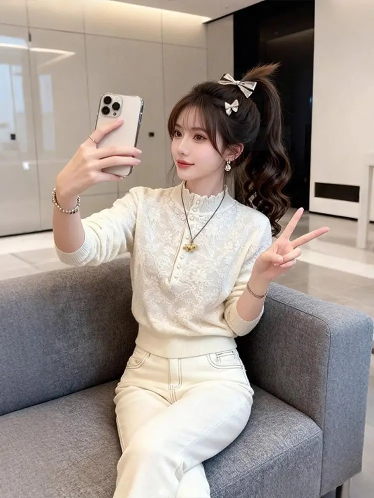 

Women's Knitted Lace f High Collar Patchwork Sweater Autumn Winter New Sle Casual Flounce Long Sve Top