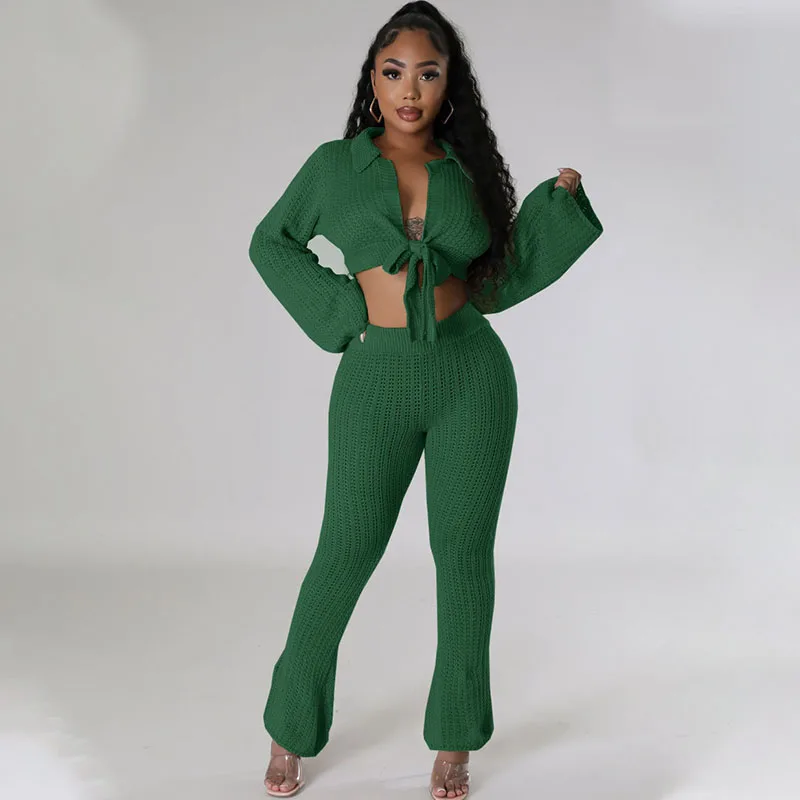 

Doyerl Вязаные комплекты Co Ords для женщин Комплект из двух предметов Клубная одежда Вечеринка Укороченный топ и брюки на шнуровке с длинными рукавами Одинаковые комплекты Одежды