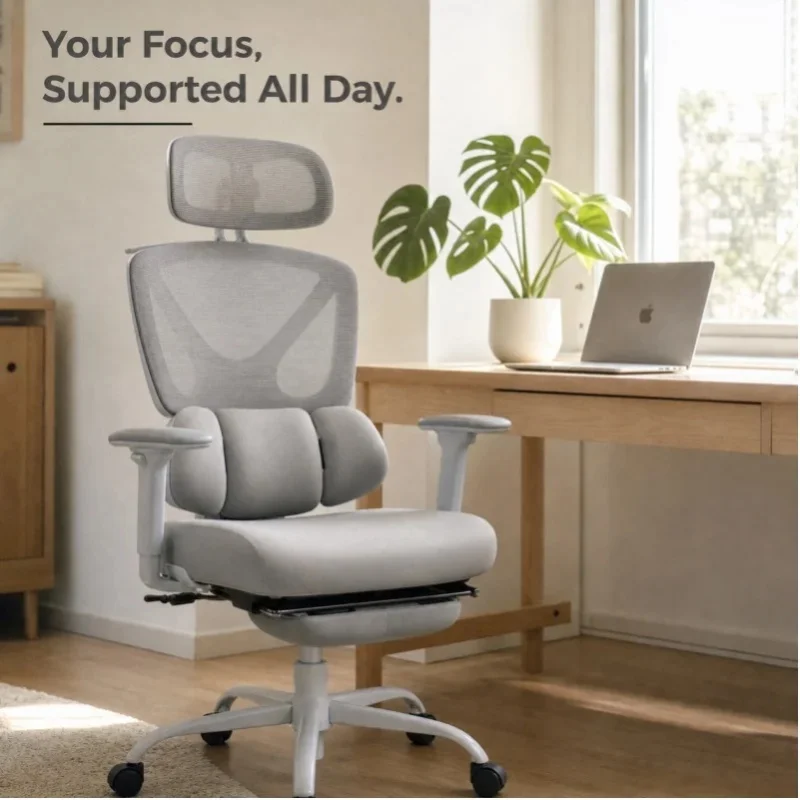 Ergonomischer Bürostuhl mit dynamischer, adaptiver Lendenwirbelstütze, Schreibtischstuhl, 73x75x120-128cm, Grau