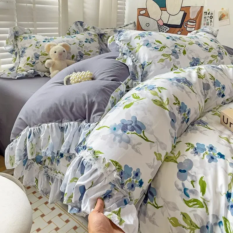 

Ins Princess Romantic Duvet Cover Korean Floral Bedding Set Flat Sheet Set Skin-Friendly Washed Cotton Women Girls Bed Linen Set