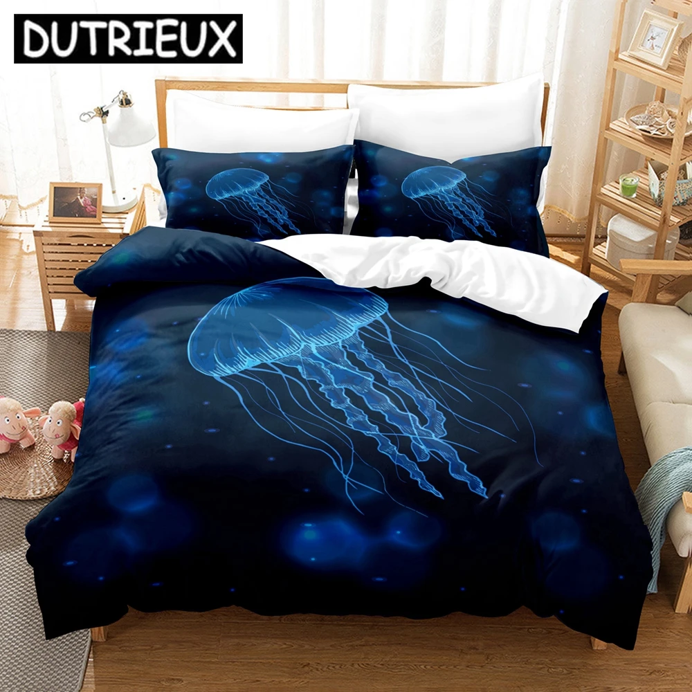 

3D - Printed Ocean World Bedding Set - Jellyfish Design, Single/Twin/Full/Queen/King Sizes, Ideal for Adult & Kid Bedrooms