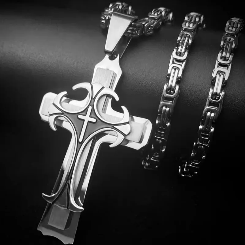 Retro Trendy Man Cross Necklace Men Golden Silver Side Zinc Alloy Cross-shape Pendant Necklace Vintage Jewelry Neck Decoration