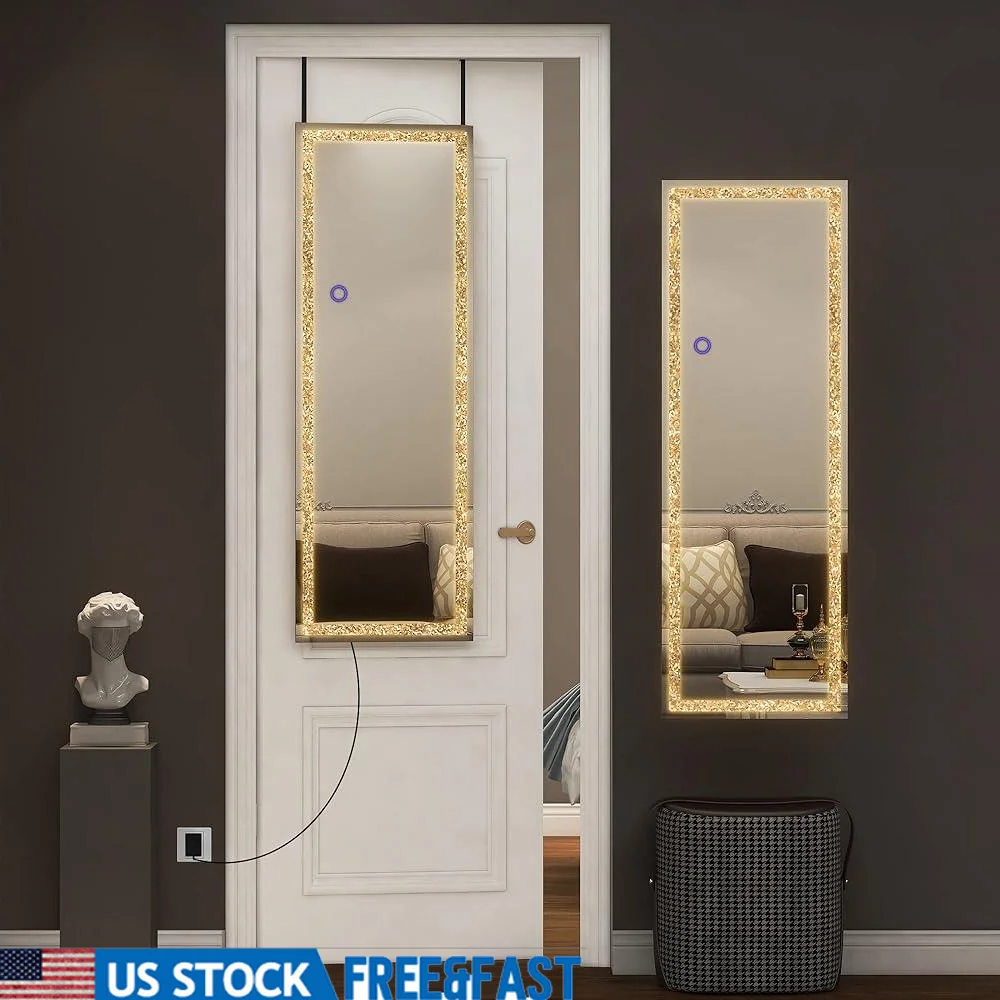 LED Lighting Full Length Wall Mounted Mirror Rectangular Design Crystal Mirror Over Door Solid Wood Frame Bedroom