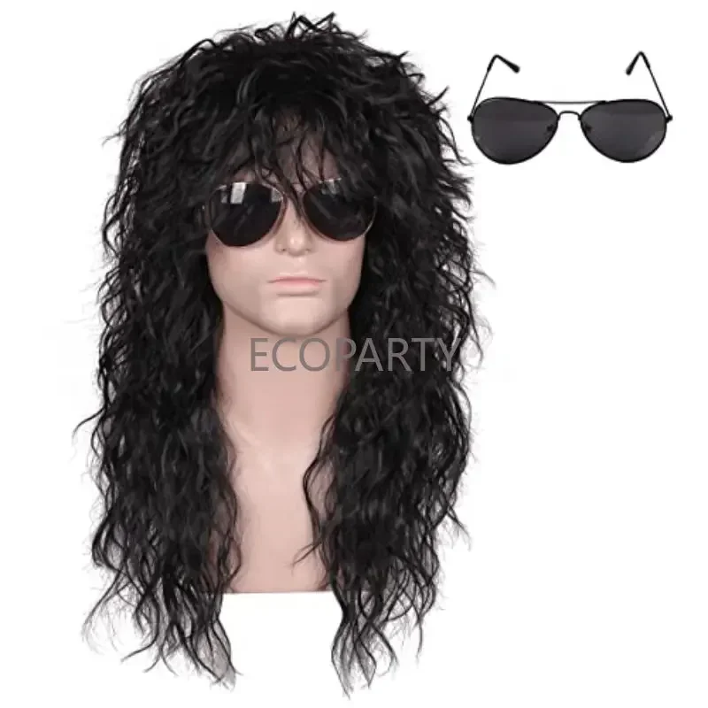 Perruque Bouclée Noire avec Verre de Soleil pour Homme, Cheveux Naturels, Costume d'Halloween, Cosplay, Accessoire de ix, Barrage, Années 70 et 80