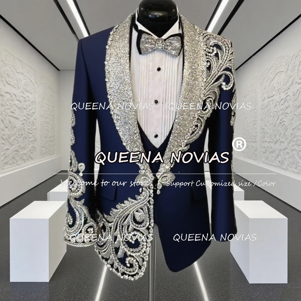 3 pezzi set abiti da sposo da sposa cristalli in rilievo uomo banchetto smoking personalizzato ballo di fine anno blazer moda maschile abito da uomo