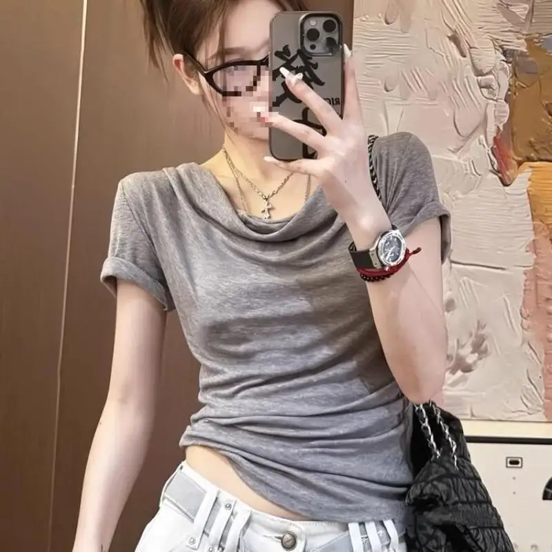 2026 Summer New Spicy Girl Back Hollow Lace Splicing Design T-Shirt Fashion Versatile Slim Fit Short Sleeved Tops Women Clothing