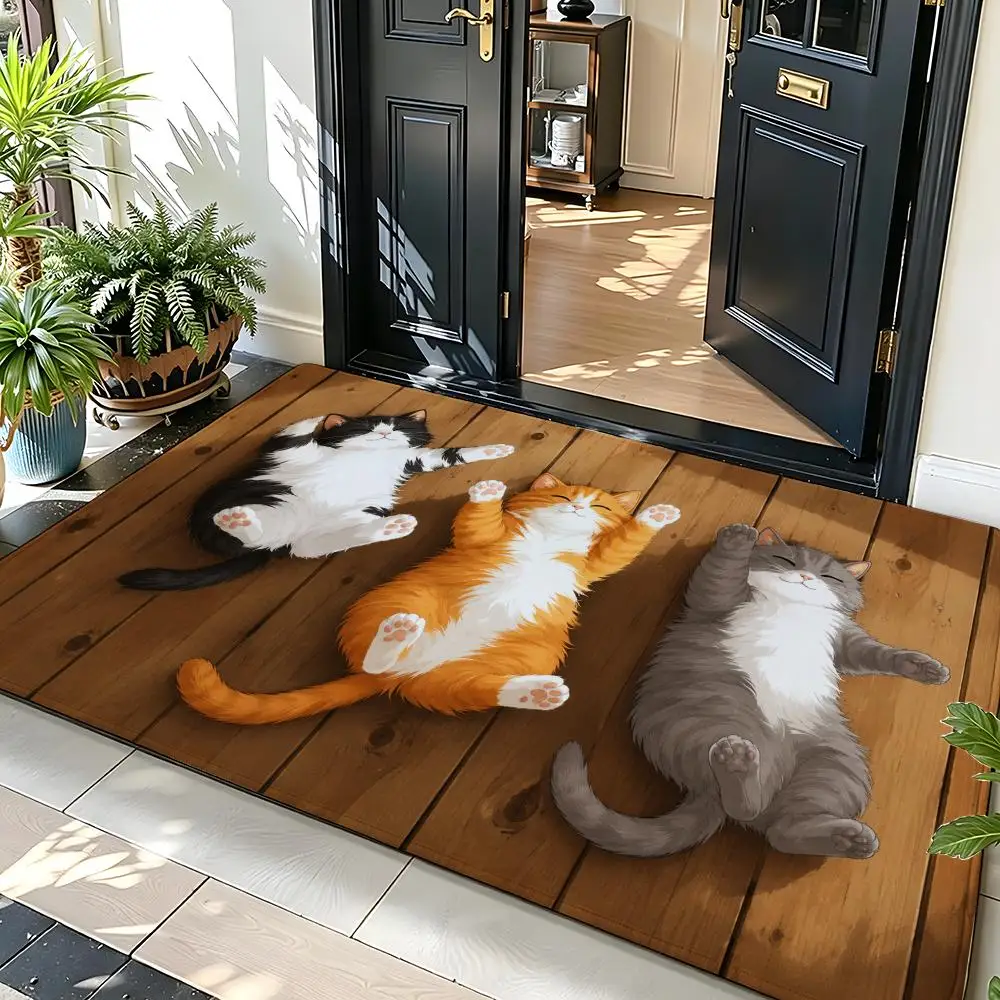 Funny Lazy Cats on Wood with Welcome Home Quotes Floor Mat Soft Flannel Non Slip Absorbent Entryway Bathroom Bedroom Garage