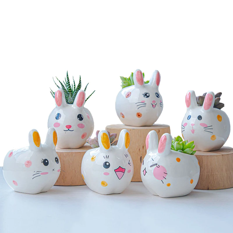 

White Porcelain Animal Flower Pot Creative Ceramic Planter Rabbit Cat Figurine Bonsai Basin Succulent Flowerpot Decor Crafts